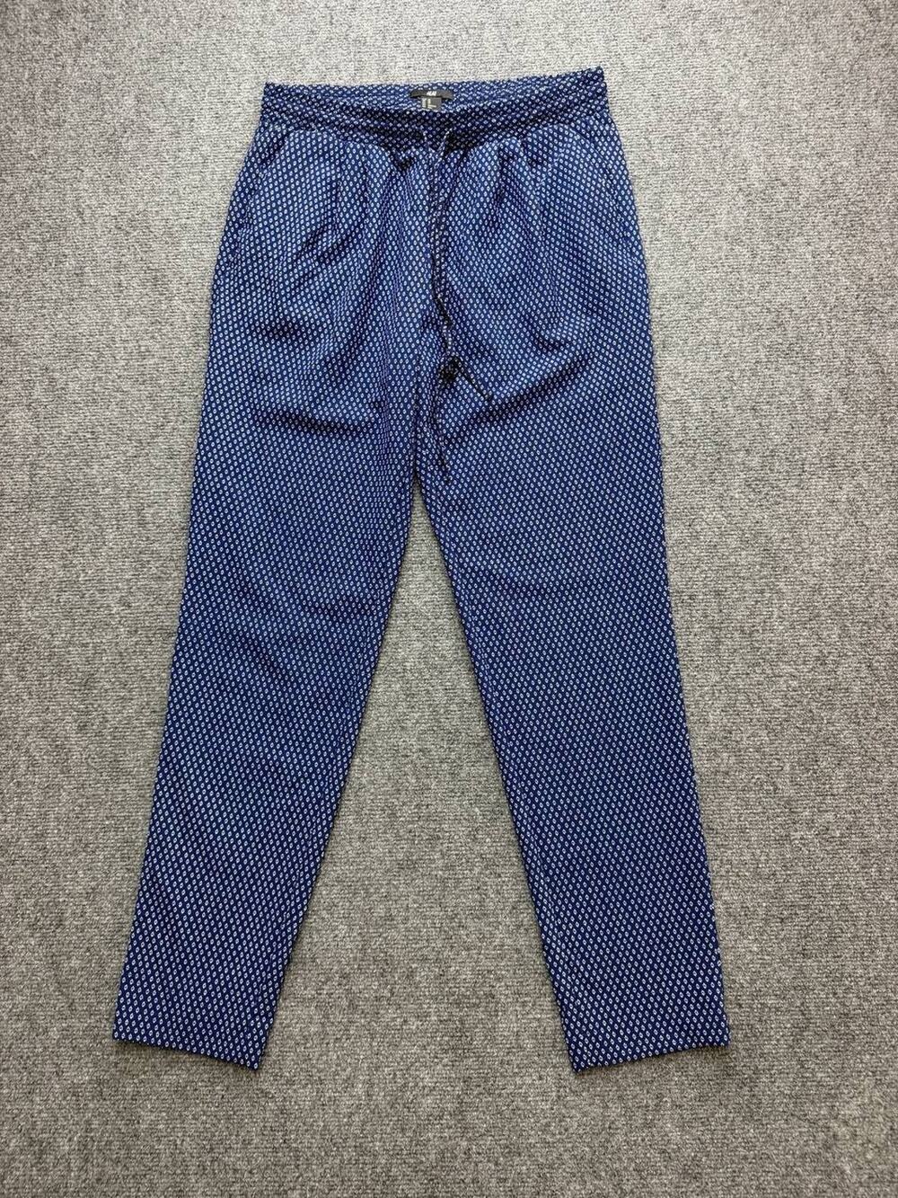 H&M Womens XS Navy Blue White Geometric Print Stretch Pull On Pants Tie Waist